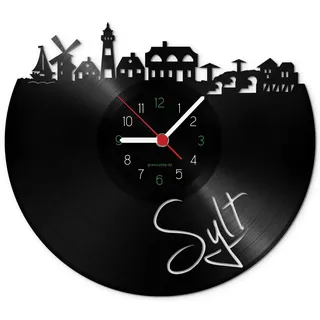 GRAVURZEILE Schallplattenuhr - Skyline Sylt - Wanduhr aus gegossenem Vinyl mit Stadt Skyline 30 cm - Upcycling Designer Uhr - Moderne Wanduhr im Retro Vintage Style - Made in Germany