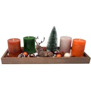 ZauberDeko Tablett Braun Adventsgesteck Hirsch Orange Kerzen Tannenbaum Weihnachten Deko 40cm