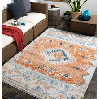 livabliss Lusaka Outdoor wetterfest - In und Outdoor für Balkon 160x213 cm, Terrasse, Garten, Küche - e Boho Style für draußen - Rost und Blau