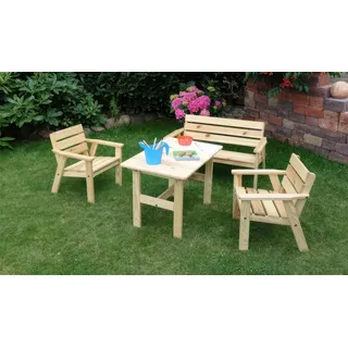 Kinder Gartenmöbel Flip – Kindermöbel aus Kiefer, naturbelassen – Sitzgarnitur für Kinder – 4-teiliges Komplettset -mit Kindertisch und Kinderstühlen