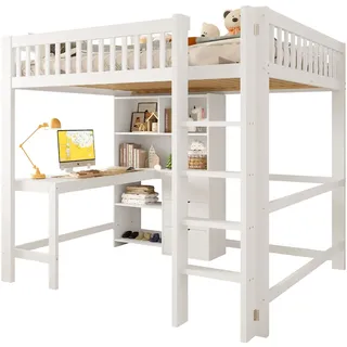 STILVORA Hochbett 140x200 mit Schreibtisch Ablagefächern Schubladen Kiefernholz MDF robust multifunktional LED-Beleuchtung USB-Anschlüsse Weiß