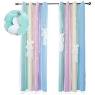 BTTO V&G Schiebegardine Verdunkelungsvorhang Schleife Doppellagig Ösen, Sterne, Tüll, (1 St), Farbverlauf Blickdicht Gardinen, Kinderzimmer blau|gelb|grün|rosa 130 cm x 160 cm