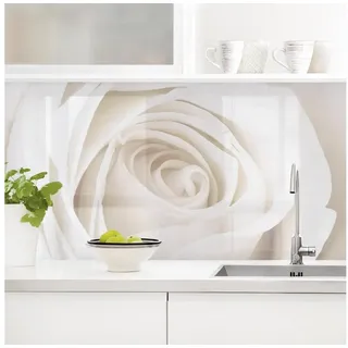 Bilderdepot24 Küchenrückwand weiß dekor Blumen Romantik Landhaus Pretty White Rose, (1-tlg., Nischenrückwand - für Fliesenspiegel ohne Bohren - matt), Spritzschutz Rückwand Küche Herd - Folie selbstklebend versch. Größen weiß 315 cm x 90 cm