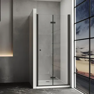 IMPTS Duschtür Falttür 75cm Schwarz Nischentür Duschabtrennung Nische Drehtür Dusche Drehfalttür Rahmenlos 180° Faltbar mit 6mm ESG-Glas, Höhe 185cm
