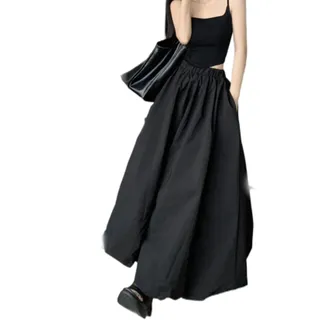 ARESU Ballon-Maxirock für Damen, koreanische Mode, Straße, schwarz, elastische Taille, A-Linie, Retro, lockerer Langer Rock für Damen, lässig, Schwarz, M