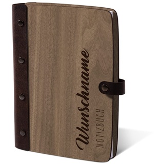 Personalisiertes Notizbuch Holzcover mit Echtleder Rücken 72 Blatt | 144 Seiten A5 hoch 158x222mm Nussbaum Amerikanisch - Name schlicht