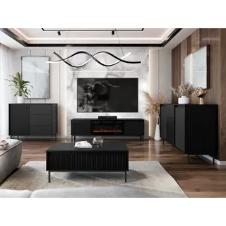 MIRJAN24 Wohnzimmer-Set Ozmi III, (2x Kommode, TV-Lowboard mit Kamin, Couchtisch), Realistische LED-Flamme schwarz