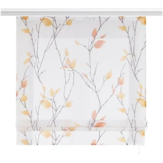 Joyswahl Raffrollo Rhein Blätter Rollo Raffgardine im Landhausstil, mit Klettband, Gardinenstange, Freihängend und höhenverstellbar für Küche und Wohnzimmer, Zweigmuster in Leinenoptik, transparent im Skandi-Stil orange 100 cm x 140 cm