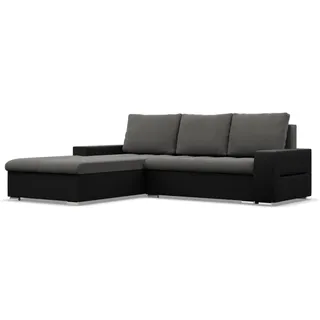 Mebligo - Ecksofa mit Schlaffunktion und Bettkasten Aurora, Eckcouch mit Ottomane Links, Sofa L Form (BxTxH) 243 x 200 x 92 cm, Couch Wohnzimmer, Ecke Sofa, Dunkelgrau + Schwarz (Samt und Kunstleder)