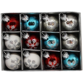 G&M 12er Set Christbaum-/Weihnachtskugeln aus Glas Ø 3 cm (Weiß, Rot, Silber, Blau mit Silber Glitzer-Schneeflocke)