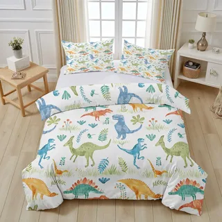 Bunt Dinosaurier Bettwäsche, Pflanzen Blätter Dino Bettwäsche 200x200, Süße Jurassic Waldtiere Bettbezug 200x200, Bettwäsche-Set Duvet Cover mit 2 Kissenbezug fur Erwachsene Kinder Mädchen Jungen