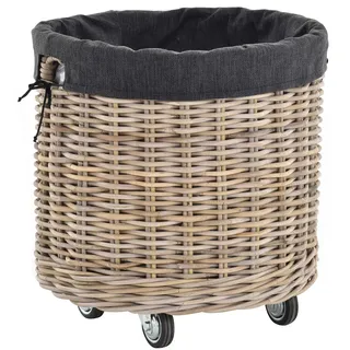 Großer Rollkorb mit Griffen/Holzkorb mit Rollen aus grauem Natur Rattan/Aufbewahrung Holz-Wagen Räder Kaminholz-Korb Kamin Allzweck-Korb mit Inlett (Rund Klein)