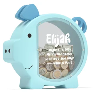 Summidate Sparschwein aus Holz, groß, für Jungen, Mädchen, Kinder, Kleinkinder, Erwachsene, unzerbrechlich, Geldscheine, Münzen, personalisiertes Geschenk, Kinderzimmerdekoration, Blau