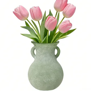 Henkelvase in Salbeigrün – Bauchige Dekovase mit Matt-Finish & Antik-Struktur, 20cm Vintage Vase für Trockenblumen & Wohndeko