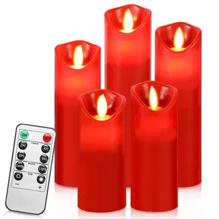 Randaco LED Kerzen mit Timerfunktion | Flackernde Echtwachs-Kerzen mit 10-Tasten Fernbedienung | 5er Set 13/14/16/18/20CM Flammenlose-Kerzen, LED-Kerzen (Rot)