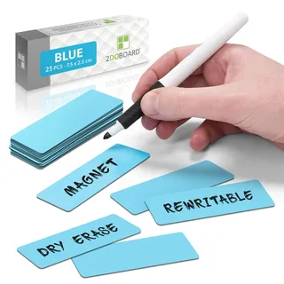 2DOBOARD Magnetstreifen beschreibbar - 7,5 cm x 2,5 cm Blau - 25 Stück - Magnetschilder zum beschriften – Für Kühlschrank, Whiteboard & Tafel - Magnetetiketten
