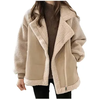 Lederimitat Jacke Damen Wildleder Gefüttert Warm Winterjacke Teddyjacke Revers Übergangsjacke Faux Suede Jacket