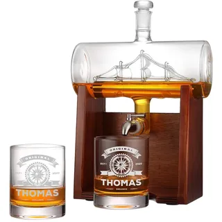 polar-effekt Whisky Barrel Dekanter 1 Liter & Gläser 320 ml mit Gravur - Personalisiertes Männergeschenk - Mit Karaffe, 2 Whiskygläser, Holzständer & Zapfhahn
