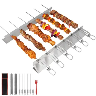 LALAGO 6 Stück 41.3cm Grillspieße Edelstahl mit 2 Stück Halterung, BBQ Halterung Grillspießhalterung, Fleischspieße Halterung, Spießgestell mit Bürste und Tasche für Holzkohle- und Elektrogrills