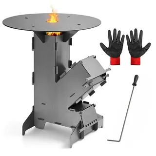 Raketenofen mit Grillplatte groß 5mm, Rocket Stove mit Feuerhaken,Kanonenofen Stecksystem aus massivem 3 mm dickem Stahl,2 zusätzlichen Standfüßen,Holzofen Outdoor für Camping, BBQ, Dutch Oven