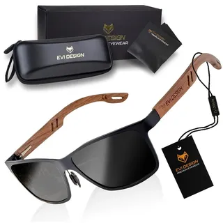 Sonnenbrille Herren Polarisiert UV400, Holz Sonnenbrille Nerd-Stil mit Walnussholz-Bügeln, inkl. Etui & Zubehör, EVI DESIGN, Schwarz - Schwarz