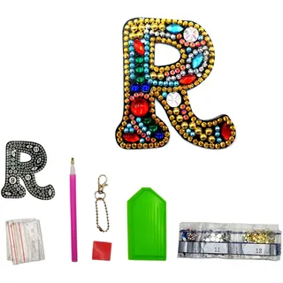 MEDOYOH Buchstaben R DIY Diamant Malerei Schlüsselanhänger, Retro Diamond Painting Buchstabe Schlüsselanhänger Acryl DIY Kunst Strass Diamant für Anhänger Tasche Dekor Brosche