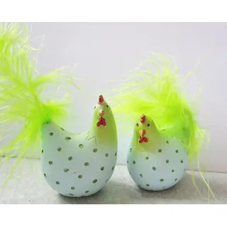 Bunte Hühner im 2er Set Huhn mit Federn in gelb, rosa oder blau - Osterdeko Henne modern Deko Frühling Ostern (blau-grün)