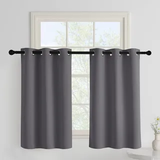 PONY DANCE Scheibengardinen Küche 2 Stücke H 90 x B 106 cm Verdunklungsvorhänge mit Ösen Kurze Blickdichte Gardinen Küchenfenster Thermo Vorhänge gegen Hitze, Grau