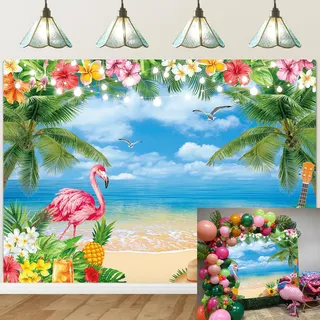 Sommer-Hintergrund für hawaiianische Strand, tropische Blumen, Palmenblätter, Flamingo, Fotografie-Hintergrund, Luau, blauer Himmel, Ozean, Aloha, Hawaii, Meer, Geburtstag, Party, Dekoration,