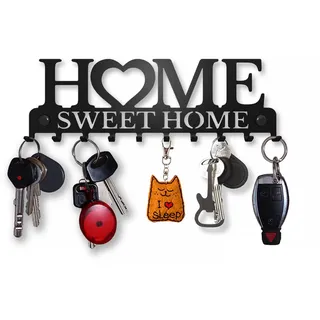 SirHoldeer Schlüsselbrett Modern, Schlüsselhalter Wand, Schlüsselhaken Home Sweet Home, Schlüsselboard Schwarz mit 10 Haken, Schlüsselaufbewahrung, Key Holder Wall, Schlüsselleiste, Wanddeko Metall