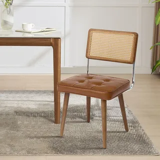 Rattan Esszimmerstuhl, Polsterstuhl Mit Kunstleder Sitz, Atmungsaktive Rattan Rückenlehne, Verstellbare Füße & Stabile Massivholzbeine, Küchenstuhl Bis 150 kg, Für Esszimmer Küche Wohnzimmer, Braun
