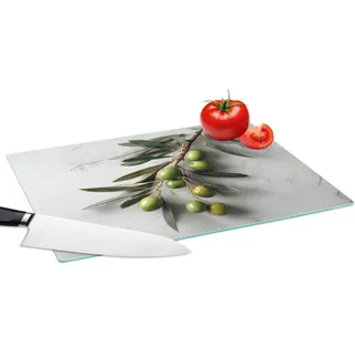 MuchoWow Schneidebrett Olivenzweig - Beton - Mediterran, Glas, Schneidebrett Groß, Glasschneidebrett, Rutschfest, Küche, 39x28 cm bunt 39 cm x 28 cm x 0.8 cm