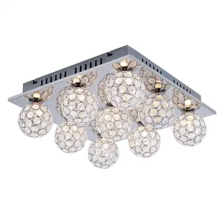 Deckenleuchte Kugeln Kristallleuchte Decke chrom Deckenlampe Kristalle Modern, Metall, 9-Flammig G9 Fassungen, LxBxH 37x37x14 cm