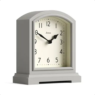 JONES CLOCKS® Tavern Kaminuhr | Modernes Bogen-Design | Blasses Grau | Zeitgenössischer klassischer Stil für Schreibtisch, Tisch, Regal oder Nachttisch