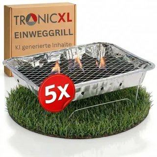 5x Einweg Holzkohlegrill I Schnellstart Einweggrill Sofort Einfach Grill für unterwegs Park Balkon Reise BBQ Grillen ca. 1,5 Stunden Brenndauer – Mit Grillrost und Ständer