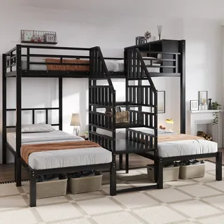 Eisenbett, Etagenbett, Mit Drei Schlafplätzen, Bequeme Treppe Mit Handläufen, Stabile Bettgestellstruktur, Oberes Bett Mit Stauraum, Eisen , Schwarz, 90x200cm & 140x200cm