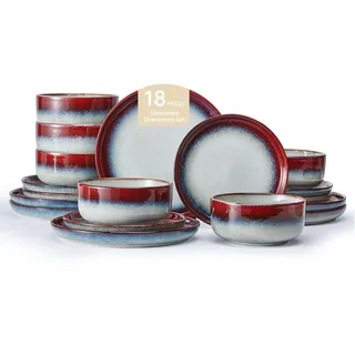 HIKAA Steingut Geschirrset 6 Personen, Landhausstil Teller Set 18tlg. Rot | Tafelservice 6 Personen Mikrowellen und Spülmaschinenfest,Kratzfest Geschirr Set,Vintage Service & Geschirrsets,Kombiservice