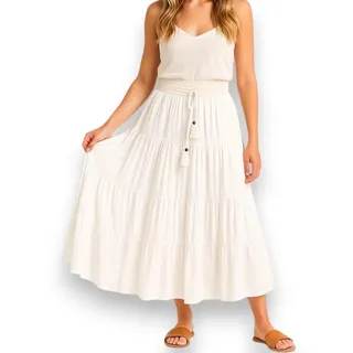 Ziona Stufenrock Damen lang Sommer – Maxirock aus 100 % Viskose, weich & luftig – Made in Italy (DE/NL/SE/PL, Alphanumerisch, Einheitsgröße, Regular, Regular, Weiß) - Einheitsgröße