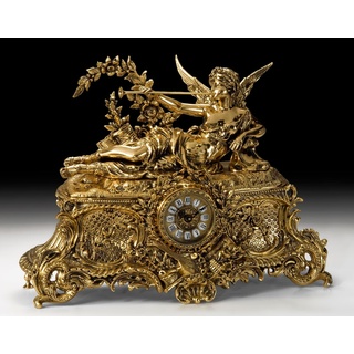 Casa Padrino Luxus Barock Tischuhr Gold 61 x 25 x H. 47 cm - Handgefertigte Barockstil Bronze Uhr - Barock Schreibtischuhr - Barock Schreibtisch Deko - Barock Deko Accessoires - Barockstil Uhren