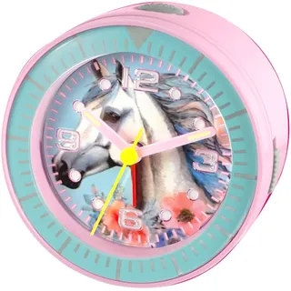 Kinder Wecker Rosa Pferd-Motiv Analog LED Licht Snooze AA Batterie inkl.