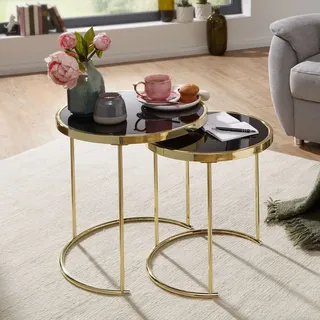 FINEBUY Satztisch FB49696 (Schwarz / Gold Beistelltisch Metall / Glas), Couchtisch Set aus zwei Tischen, Wohnzimmertisch goldfarben