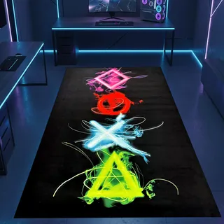 CARPETIA Gamingteppich Rund Leuchtende Neon-Symbole Bunt Ø 200 cm | Samtig weich, rutschfest, bei 30 °C waschbar, pflegeleicht, farbecht und strapazierfähig, für Gaming- & Jugendzimmer