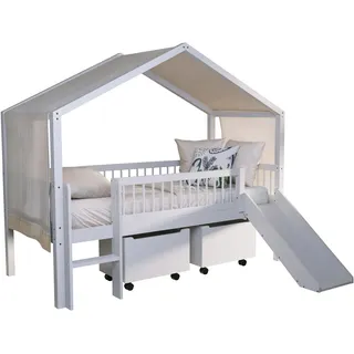 Hausbett VIPACK "Inkl. Dachaufbau, Leiter, Rutsche und Rolllattenrost, Made in Europe", weiß (weiß, weiß, weiß), B:175,8cm H:185cm L:207,5cm, Betten, hochwertig und stabil bebaut, Buche massiv weiß lackiert