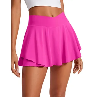 CRZ YOGA Damen Tennis Rock mit Hose Tennisrock Crossover High Waist Skort Golfrock Wanderrock Skater Sport Hosenrock Hibiskus-Purpur 42 - 42