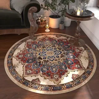 Tospass Boho Vintage Rund Teppich Waschbarer Wohnzimmer Orientalischer Stil Sofa Teppich Kurzflor Couchtischmatte, Bunter Muster Rutschfester Carpet für Schlafzimmer. 140 cm