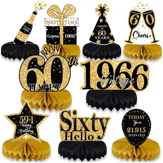 Gleemix 9 Stück Tischdeko 60 Geburtstag, Deko Schwarz Gold Bienenwabe Mittelstück, Geburtstagsdeko Mann Frauen, 60 Geburtstag Party Deko für Geschenke