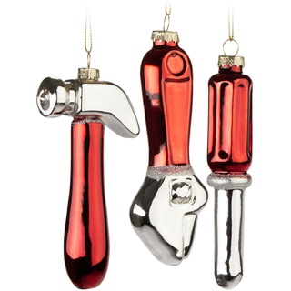 BRUBAKER Werkzeug Set - 3er Set Weihnachtskugeln aus Glas - Schraubendreher, Hammer und Schraubenschlüssel - 12 cm Werkzeug Baumkugeln für Handwerker - Mundgeblasen und Handbemalt - Rot