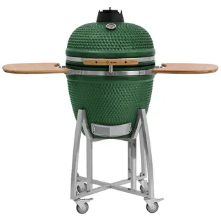BBQ-Toro Kamado Grill Holzkohlegrill "KURO" Ø 52 cm | Grün | Holzkohlegrill mit Bambusablage, Thermometer, Holzgriffen, Rollen | Keramikgrill rund, Ceramic Grill Ei, Grillofen, Kamado mit Ablage