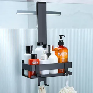 Cooeco Duschablage zum Hängen Schwarz - Edelstahl Duschkorb, Dusche Ablage mit Haken, Badezimmer Organizer Shampoo Halterung für Dusche,ohne Bohren