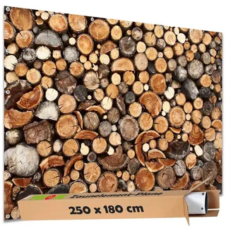 TRIOSK Sichtschutz Garten Deko Zaun Plane Blickdicht groß mit Zaunblende Motiv Holz Stapel Baumstämme für Zaunelement Doppelstabmatten Stabmattenzaun Gartenzaun PVC 250x180 cm